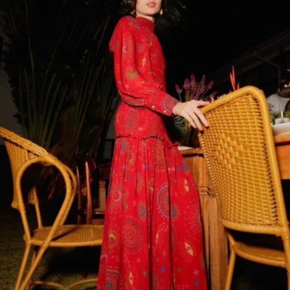 NWT $310 FARM Rio Mystic Night Print Smocked Long Sleeve Dress in Medium!